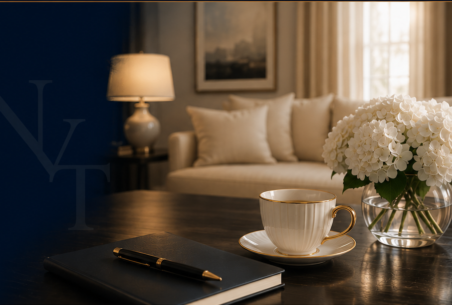 Warm, refined consultation setting — book, pen, and tea service